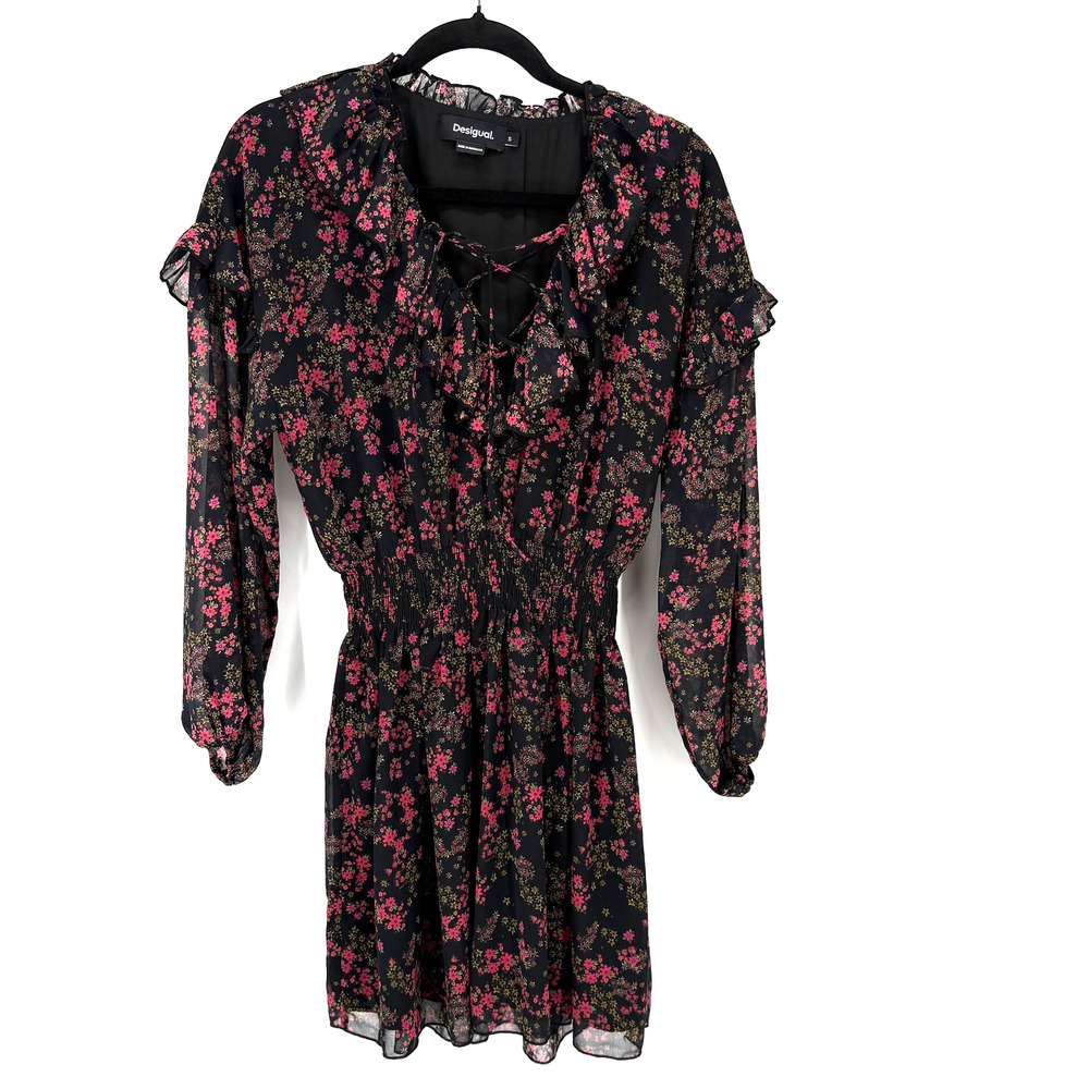 Desigual Dress Womens Small Black Floral Long Sleeve Boho Ruffle Waist Sheer